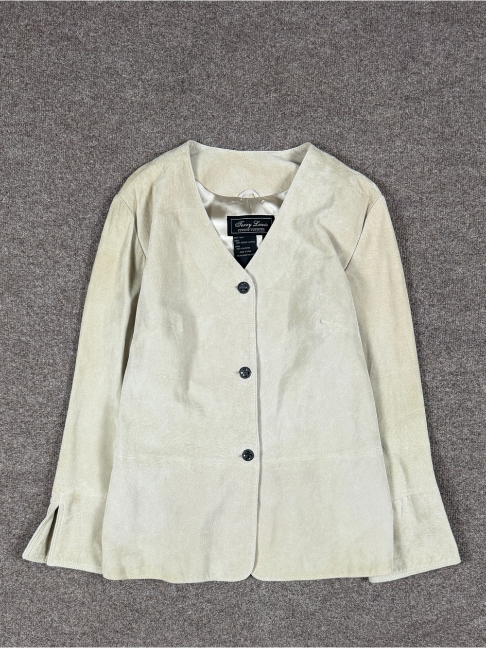 Vintage Cream Tan Suede Leather Jacket Women’s Large V-Neck Collarless Turn Lock